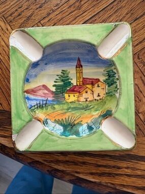 Source Unknown Green Ceramic Ashtray with Hand-Painted Village Scene